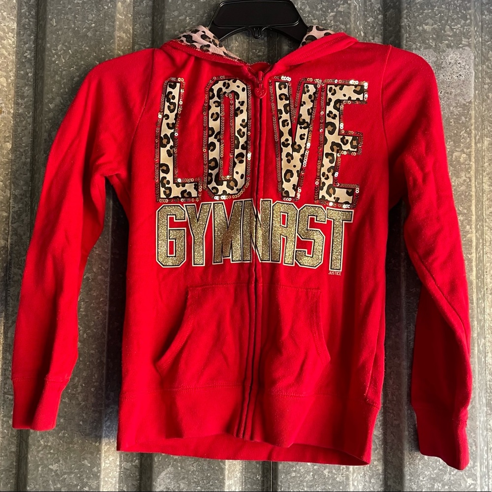 justice little girl red zip up hoodie with love shimmer/Sequins/Animal print-8